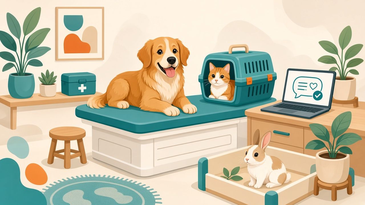 Illustration of a friendly vet exam room: a golden retriever on the exam table, an orange kitten peeking out of a carrier, a rabbit in a pen, and a laptop showing a finished note