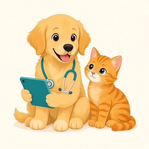 Biscuit, a golden retriever puppy wearing a stethoscope and holding a tablet, sitting next to Pixel, an orange tabby kitten